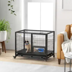Jaula para Perros con Soporte de Cuenco Bandeja Extraíble Ruedas y Puerta Doble Desmontable 92x62x73 cm Negro - Ogal.Es