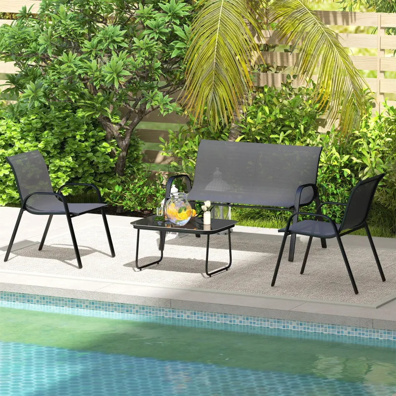 Conjunto de Muebles de Jardín de 4 Piezas con 2 Sillas Apilables y Banco de 2 Plazas con Mesa de Café de Vidrio ... - Ogal.Es