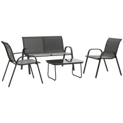 Conjunto de Muebles de Jardín de 4 Piezas con 2 Sillas Apilables y Banco de 2 Plazas con Mesa de Café de Vidrio ... - Ogal.Es