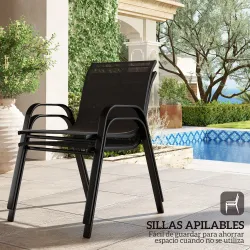 Conjunto de Muebles de Jardín de 4 Piezas con 2 Sillas Apilables y Banco de 2 Plazas con Mesa de Café de Vidrio ... - Ogal.Es