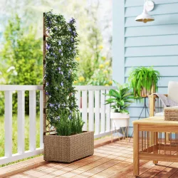 Jardinera Exterior Grande de Ratán con Enrejado y 2 Macetas Extraíbles para Plantas Trepadoras 57x30x150 cm Natural - Ogal.Es