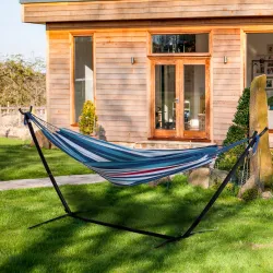 Hamaca con Soporte 310x117cm para Camping con Altura Ajustable y Bolsa de Transporte Carga 120 kg Rayas Azul y B... - Ogal.Es