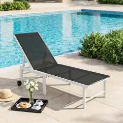 Tumbona Reclinable de Jardín Exterior con Ruedas Respaldo Ajustable en 5 Posiciones y Marco de Acero 166x60x84 c... - Ogal.Es