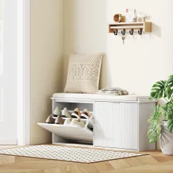 Banco Zapatero con Asiento Acolchado 2 Cajones Abatibles y Estante Ajustable para Entrada 104x26x47,5 cm Blanco - Ogal.Es
