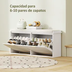 Banco Zapatero con Asiento Acolchado 2 Cajones Abatibles y Estante Ajustable para Entrada 104x26x47,5 cm Blanco - Ogal.Es