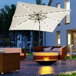 Parasol de Terraza Exterior 2,7x2x2,5 m con Techo Inclinable hasta 45° Luces LED Solares y Manivela Blanco Crema - Ogal.Es