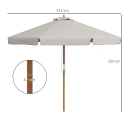 Sombrilla de Jardín Ø325 cm con Sistema de Polea Techo de Ventilación y 8 Varillas de Bambú para Patio Terraza Gris - Ogal.Es