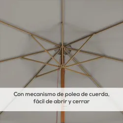 Sombrilla de Jardín Ø325 cm con Sistema de Polea Techo de Ventilación y 8 Varillas de Bambú para Patio Terraza Gris - Ogal.Es