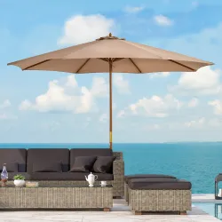 Sombrilla Terraza Exterior Ø300 cm con Techo Ventilado y Poste Desmontable de Madera para Terraza Patio Caqui - Ogal.Es