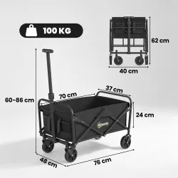 Carro de Jardín Plegable con Ruedas Asa Telescópica Ajustable Carga 100 kg para Campaña Compra 64x42x27 cm Negro - Ogal.Es