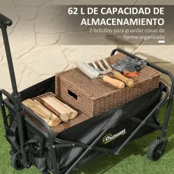 Carro de Jardín Plegable con Ruedas Asa Telescópica Ajustable Carga 100 kg para Campaña Compra 64x42x27 cm Negro - Ogal.Es
