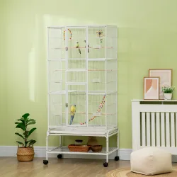 Jaula para Pájaros con Ruedas con Comederos Perchas Columpio Estante y Bandeja Extraíble 83x53x180 cm Blanco - Ogal.Es