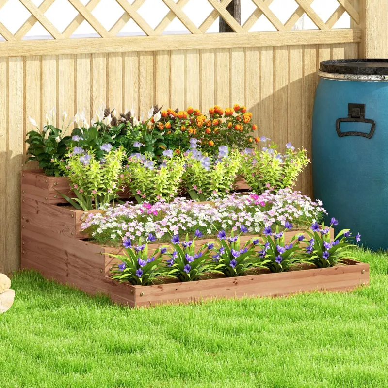 Jardinera de Madera Elevada de 4 Niveles con Diseño de Escalera para Cultivos Plantas Flores 113x113x46 cm Café ... - Ogal.Es