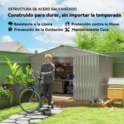 Cobertizo de Jardín 4,9 m² 277x195x192 cm con 2 Puertas Corredizas Techo Inclinado y 4 Ventanas Gris Plata - Ogal.Es