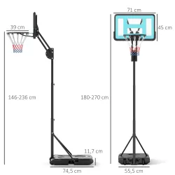 Canasta de Baloncesto Ajustable de 146-236 cm con Ruedas y Base Rellenable con Agua o Arena Tablero Irrompible N... - Ogal.Es