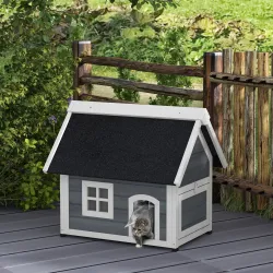 Casa para Gatos de Madera con Techo Asfáltico Abatible 3 Puertas Ventana para Exterior 77x57,5x68 cm Gris y Negro - Ogal.Es