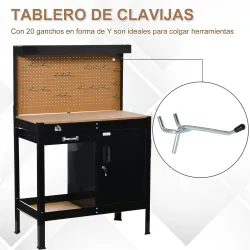 Banco de Trabajo con Panel Perforado Cajón Estante y Armario con Cerradura para Taller o Hogar 98,5x48x140 cm Negro - Ogal.Es
