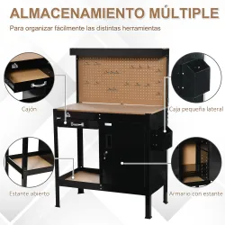 Banco de Trabajo con Panel Perforado Cajón Estante y Armario con Cerradura para Taller o Hogar 98,5x48x140 cm Negro - Ogal.Es