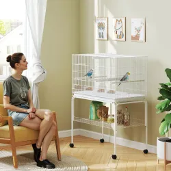 Jaula para Pájaros con Divisor Comederos Bandeja Extraíble y Soporte para Canarios y Periquitos 94x57x57/128 cm ... - Ogal.Es