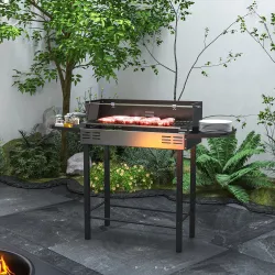 Barbacoa de Carbón Portátil con Pincho Giratorio Parrilla Estantes Plegables y Paravientos 118x32x90 cm Negro - Ogal.Es