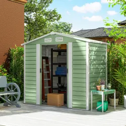 Cobertizo Metálico para Jardín 213x120x166/194 cm con Base Refuerzo Puertas Correderas y Ventilaciones Verde Claro - Ogal.Es