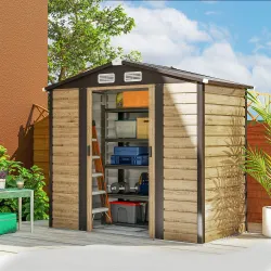 Cobertizo Metálico para Jardín 213x120x166/194 cm con Base Refuerzo Puertas Correderas y Ventilaciones Roble - Ogal.Es