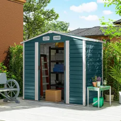 Cobertizo Metálico para Jardín 213x120x166/194 cm con Base Refuerzo Puertas Correderas y Ventilaciones Verde Oscuro - Ogal.Es