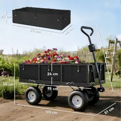 Carrito de Jardín con Ruedas Grandes Bolsa Impermeable Removible y Mango Giratorio Carga 300 kg 105x51x54 cm Negro - Ogal.Es