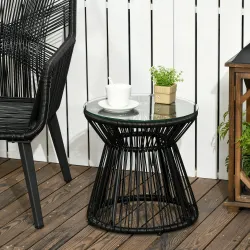 Mesa de Jardín de Ratán Sintético Redonda con Encimera de Cristal y Marco de Metal Carga 30 kg Ø40x42 cm Negro - Ogal.Es