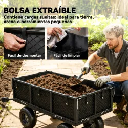 Carrito de Jardín con Ruedas Grandes Bolsa Impermeable Removible y Mango Giratorio Carga 300 kg 105x51x54 cm Negro - Ogal.Es