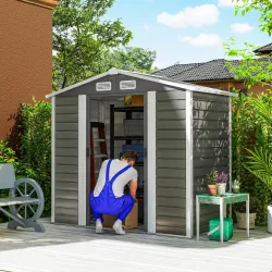 Cobertizo Metálico para Jardín 213x120x166/194 cm con Base Refuerzo Puertas Correderas y Ventilaciones Gris Oscuro - Ogal.Es