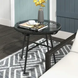 Mesa de Jardín de Ratán Sintético Redonda para Exteriores con Encimera de Vidrio Templado Ø50x50 cm Negro - Ogal.Es