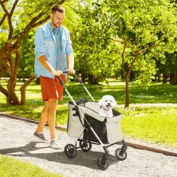 Cochecito para Mascotas Ligero y Plegable para Perros Pequeños con Ventilación Óptima 80x48,5x106 cm Caqui y Plata - Ogal.Es