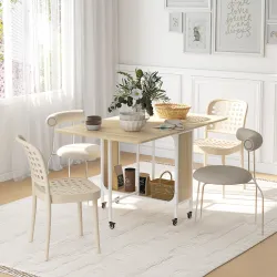Mesa de Cocina Plegable con Ruedas Alas Abatibles y Estante Mesa Plegable para Salón 130x80x74 cm Madera Natural - Ogal.Es
