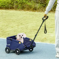 Cochecito para Mascotas con Barra de Empuje Ajustable Diseño Abierto Cojín y Ruedas 53x45x28 cm Azul Oscuro - Ogal.Es