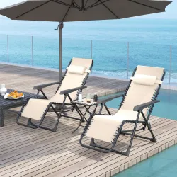 Set de 2 Tumbonas Jardín Exterior Plegables de Gravedad Cero con Mesa Auxiliar con Portavasos Reposacabezas Beige - Ogal.Es