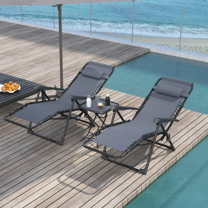 Set de 2 Tumbonas Jardín Exterior Plegables de Gravedad Cero con Mesa Auxiliar con Portavasos Reposacabezas Gris - Ogal.Es