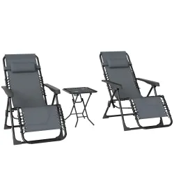 Set de 2 Tumbonas Jardín Exterior Plegables de Gravedad Cero con Mesa Auxiliar con Portavasos Reposacabezas Gris - Ogal.Es