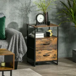 Mesita Auxiliar de Estilo Industrial con Cajones de Tela Plegables y Estante Abierto 45x40x70,5 cm Marrón Rústico - Ogal.Es