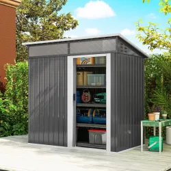 Caseta de Jardín Metálica con Puerta Corredera Ventanas y Ventilación para Almacenaje Exterior 195x122x159/182 c... - Ogal.Es