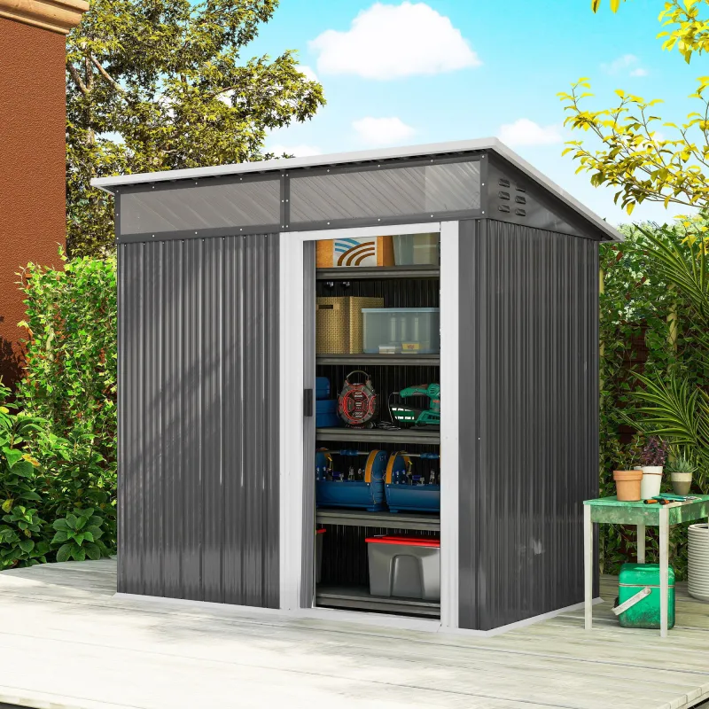 Caseta de Jardín Metálica con Puerta Corredera Ventanas y Ventilación para Almacenaje Exterior 195x122x159/182 c... - Ogal.Es