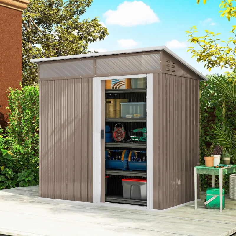 Caseta de Jardín Metálica con Puerta Corredera Ventanas y Ventilación para Almacenaje Exterior 195x122x159/182 c... - Ogal.Es