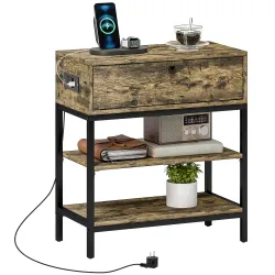 Mesa Auxiliar con Cajón y 2 Estantes con 2 Enchufes y 2 Puertos USB de Estilo Industrial 60x30x66,5 cm Marrón Rú... - Ogal.Es