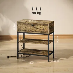 Mesa Auxiliar con Cajón y 2 Estantes con 2 Enchufes y 2 Puertos USB de Estilo Industrial 60x30x66,5 cm Marrón Rú... - Ogal.Es