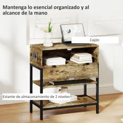 Mesa Auxiliar con Cajón y 2 Estantes con 2 Enchufes y 2 Puertos USB de Estilo Industrial 60x30x66,5 cm Marrón Rú... - Ogal.Es