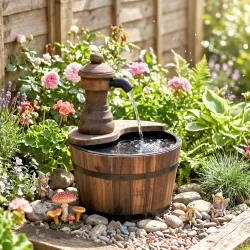 Fuente de Jardín de Madera en Cascada con Bomba Eléctrica y Salida de Agua Ajustable 27x27x37 cm Natural - Ogal.Es