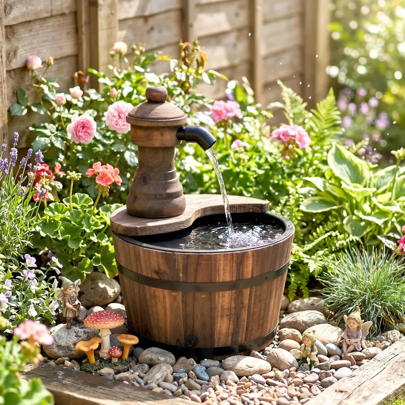 Fuente de Jardín de Madera en Cascada con Bomba Eléctrica y Salida de Agua Ajustable 27x27x37 cm Natural - Ogal.Es