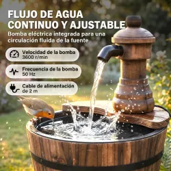 Fuente de Jardín de Madera en Cascada con Bomba Eléctrica y Salida de Agua Ajustable 27x27x37 cm Natural - Ogal.Es