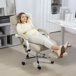 Silla de Oficina de Masaje con Respaldo Alto Reclinable con Calor Lumbar Reposapiés y Ruedas 66x70x112-120 cm Beige - Ogal.Es