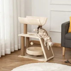Mini Rascador para Gatos con Postes de Yute Plataforma en U Cama de Felpa y Juguetes Colgantes 60x30x76 cm Marró... - Ogal.Es